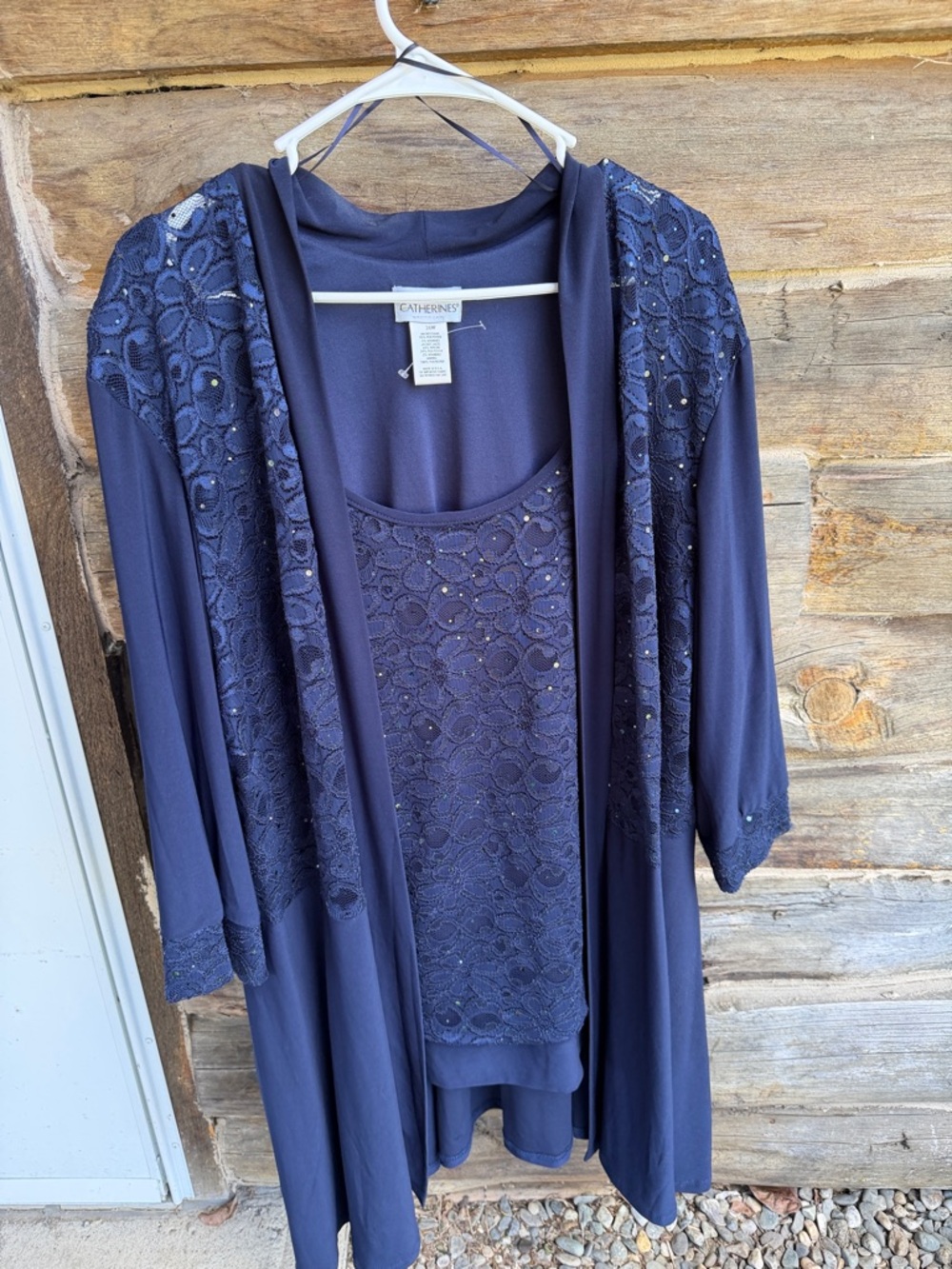 Catherines Navy Lace-Overlay Cardigan & Shell